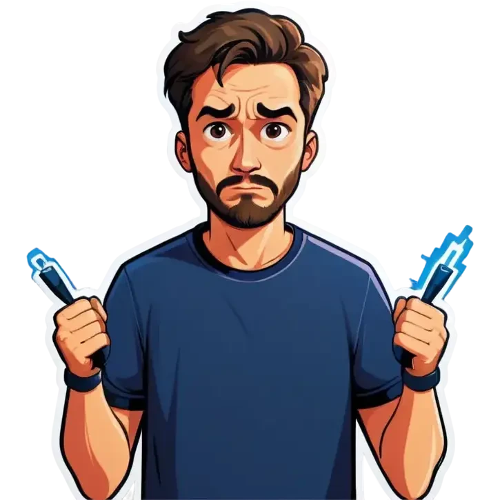 Man holding both arms in the air and holding an electrical cable der Man looks sad emoji
