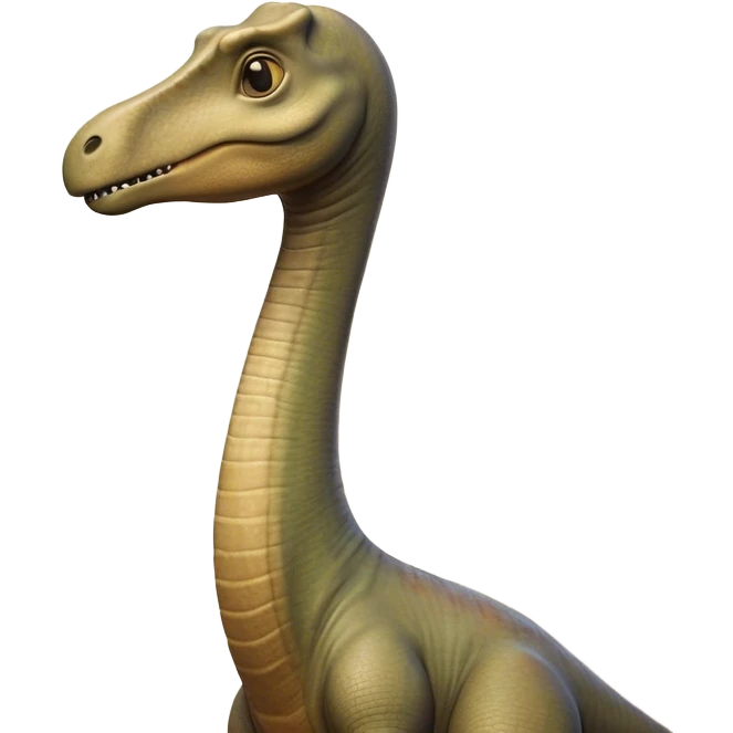 Cinematic Noble Brachiosaurus Portrait Emoji, Poised and majestic, with a towering, elongated neck stretching gracefully from a robust, column-like body, a small, gentle head with curious eyes, and subtle, textured skin in earthy tones, Simplified yet sharply defined features, highly detailed, glowing with a soft, golden radiance, high shine, intelligent and serene, stylized with an air of prehistoric grandeur, focused and calm, soft glowing outline, capturing the essence of a watchful and confident Brachiosaurus that appears ready to gracefully emerge from the screen with effortless power! emoji