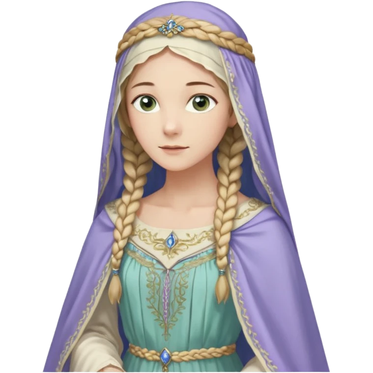 Joven de unos 30 años, de aspecto dulce y elegante.
Piel clara, ojos (pueden ser azules o verdes)
Rubio o castaño claro, largo, con trenzas o velo.
Vestido largo de tonos suaves (blanco, azul o lavanda), con bordados dorados; un manto o toca fina cubriendo la cabeza. Que se vea todo el cuerpo emoji