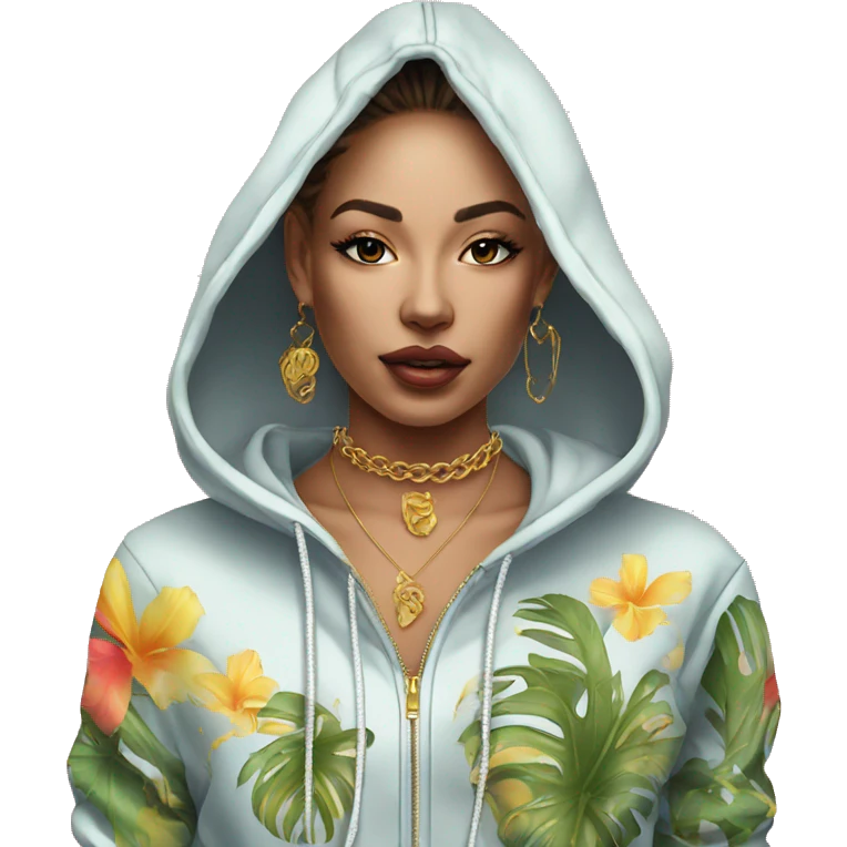 Trendy lady tropical baroque hoodie with tattoos and gold chain emoji