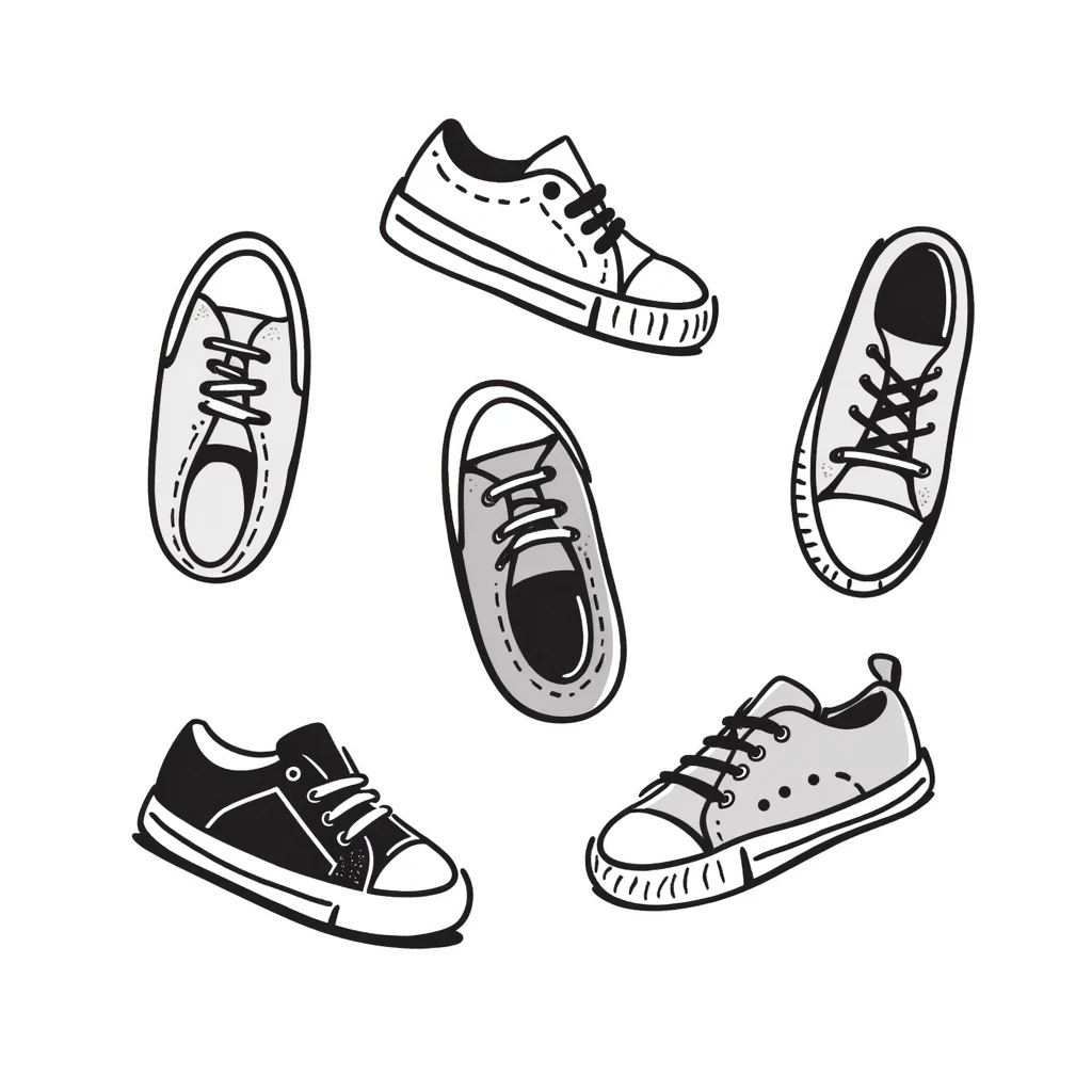 Canvas sneakers/casual shoes in pastel colors (dd9fb0, ffc6d3, a3bfc9, c4bee2, f1b091), hand-drawn doodle style emoji