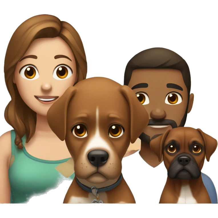 a girl with brown hair, a man with short buzz brown hair with a beard, sitting, with two brown boxer dogs emoji