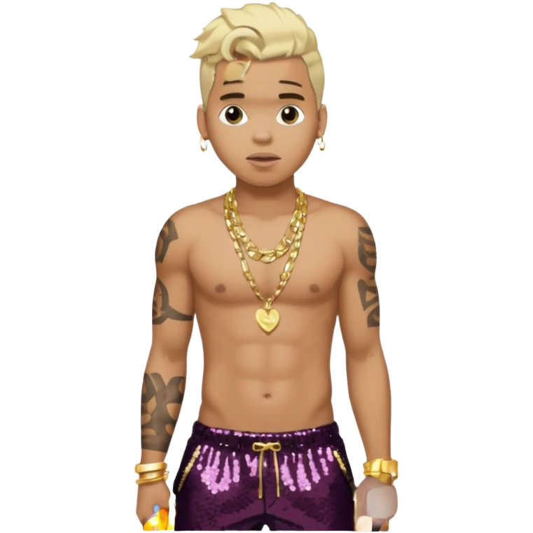 Chris Brown with blonde hair, dark brown sequin baggy pants, shirtless with necklace emoji