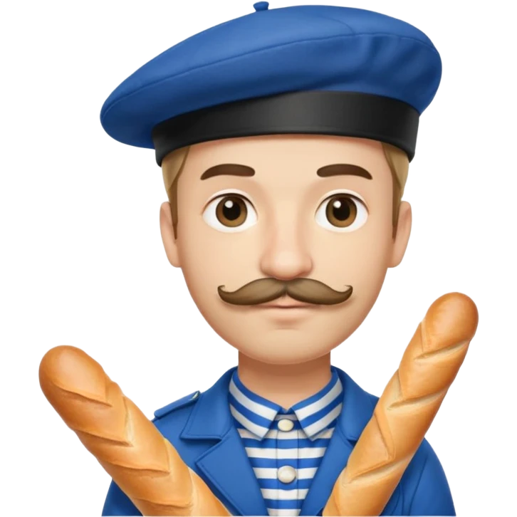 French man with blue and white striped shirt, black beret, holding a baguette, mustache emoji