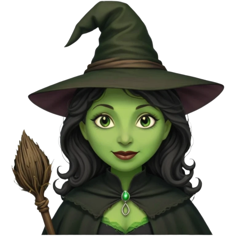 elphaba the wicked witch from wicked movie (cynthia erivo) dark long curly hair, thick lips, wide nose, green skins, witch hat, witch broom, evil, wicked musical film, evil smirk evil scary cynthia erivo emoji