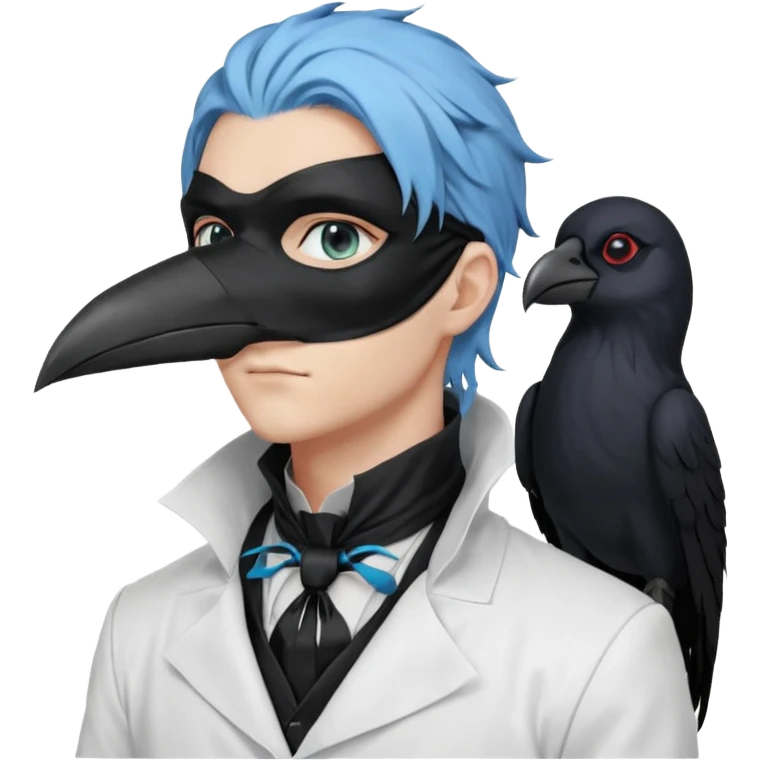 Handsome sexy adult anime man with light-blue hair and a black bird beak mask that covers whole face, black face mask, black mouth mask, black feathers draped over shoulder, wearing a white lab coat, long thin hair tendrils on the sides, with a mechanical raven sidekick, blue cravat, red eyes emoji
