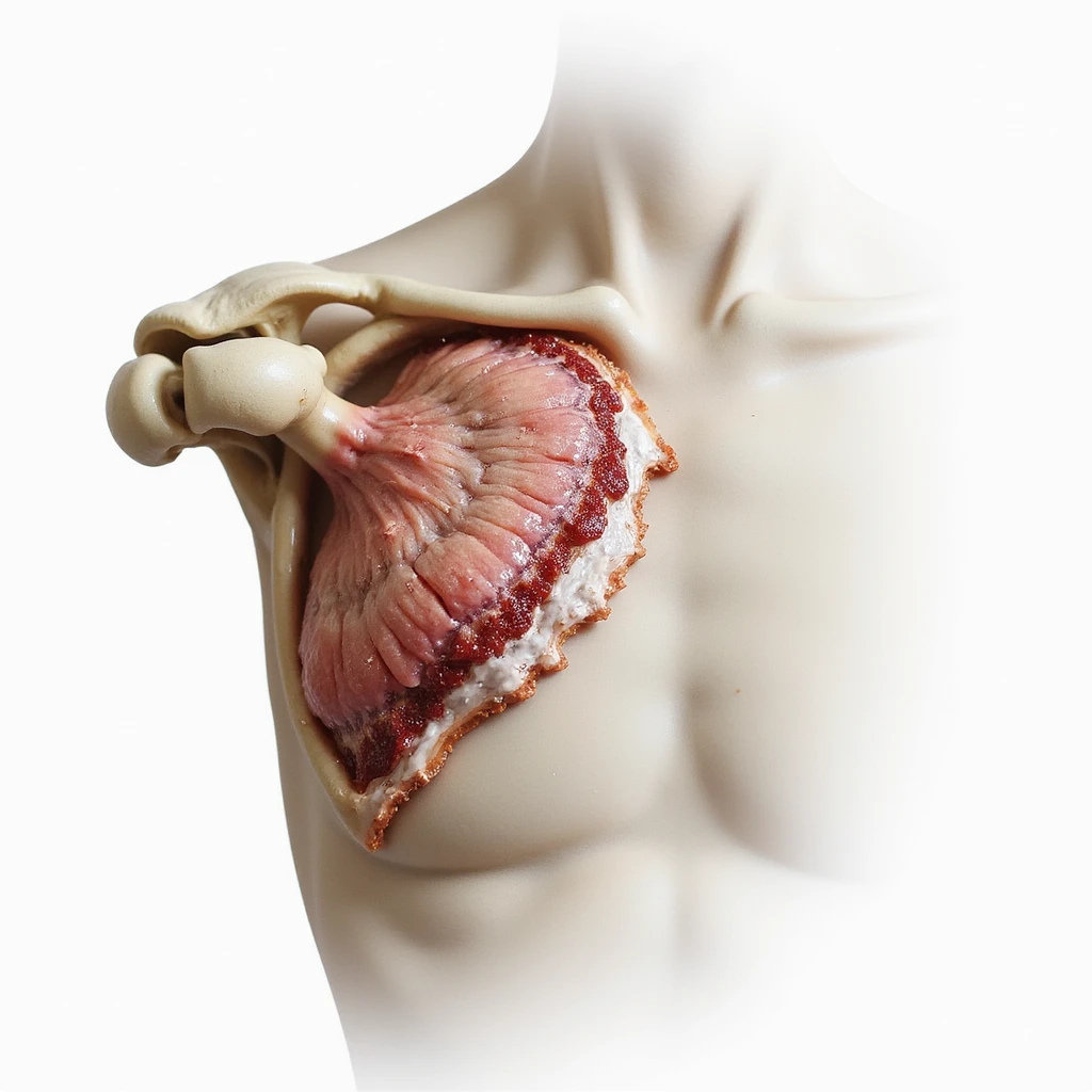realistic winged scapula pathology, isolated on white background, lateral view, marked scapula protrusion from chest emoji