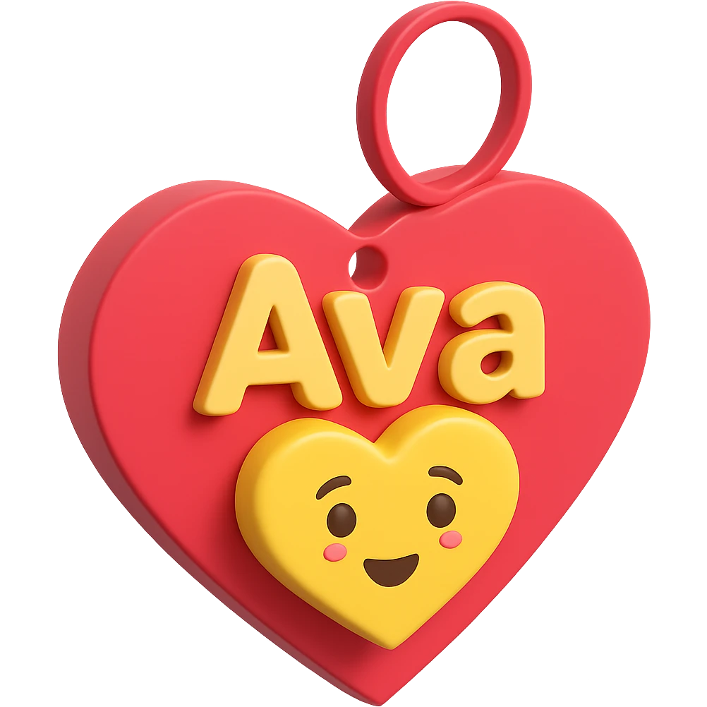 Add the name 'Ava' to the heart-shaped gift tag in the style of 3d emoji, with no background. emoji