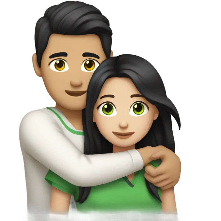 Light skin Asian male with undercut straight black hair tightly hugging white female with green eyes and long brown wavy hair emoji