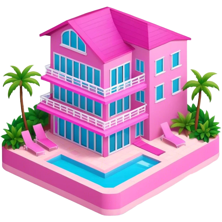 Pink Barbie beachfront mansion, isometric exterior view emoji