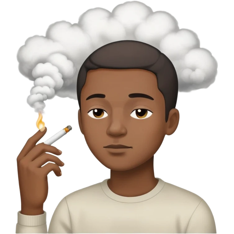 black man with short hair, eyes half-closed, holding a lit joint, smoke cloud emoji