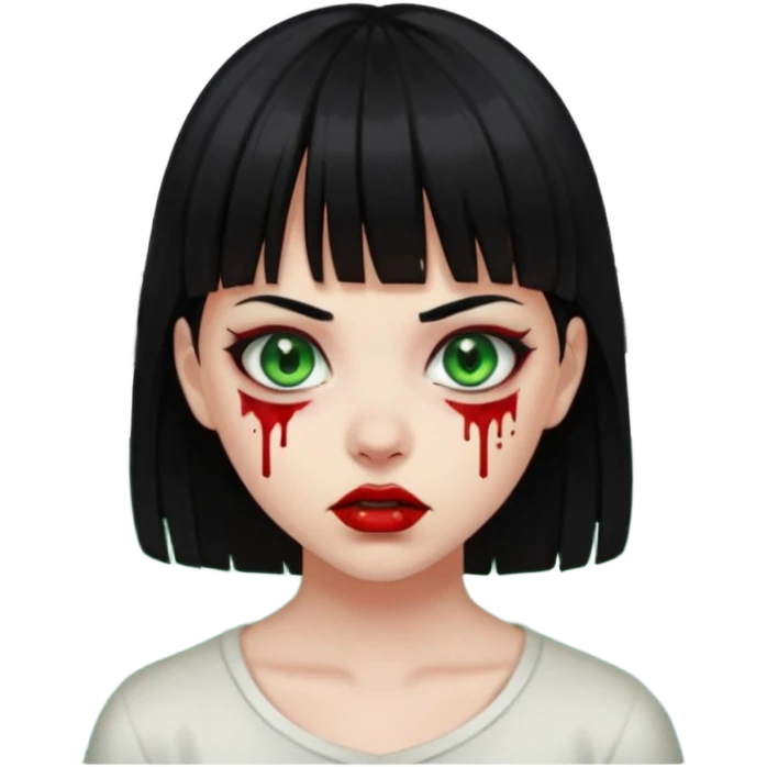 Guria com cabelo preto franjinha sangrando olhos verdes  fundo preto e um piercing bridgepiercing emoji