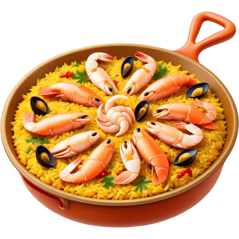 Cinematic Realistic Paella Dish Emoji, depicted as a vibrant, aromatic rice dish loaded with seafood, chicken, and saffron rendered with rich textures and dynamic, warm lighting. emoji