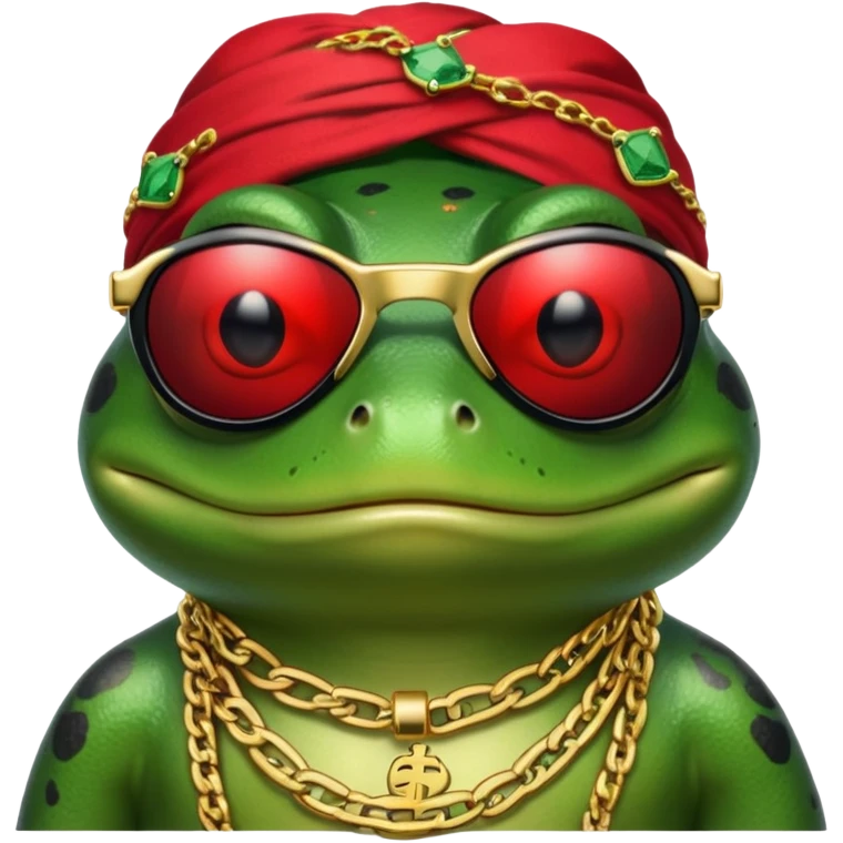 thug life frog wearing black sunglasses, gold chain, bandana, dollar sign bling emoji