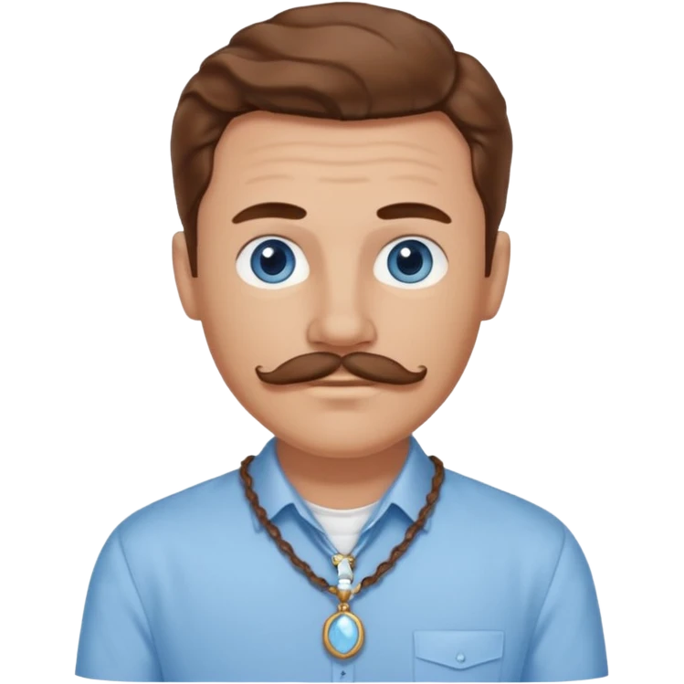 Benson Boone blue eyes, brown wavy hair and mustache, light blue dress shirt with necklace emoji