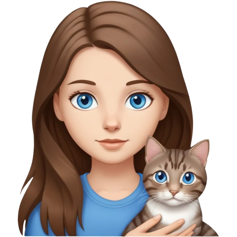 White girl with blue eyes and long brown hair, holding gray tabby cat emoji