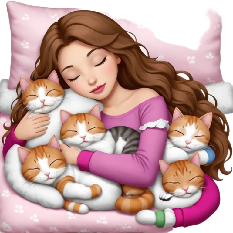 girl with long wavy brown hair, brown eyes, long lashes makeup, sexy pink lips, light to medium complexion,  sleeping on a cozy pillow, with 6 cats: 1 brown and white tabby cat, 1 ginger and white, 2 grey and white, 1 grey has white mittens and small white patch on its chest and 1 calico, sleeping emoji