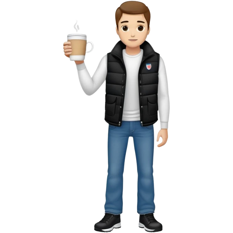 full body man with plain black puffy winter vest with no pockets over long sleeved white shirt wearing straight lboot cut levi blue jeans with no cuffs and white tennis shoes holding one coffee mug in his hand and nothing in his other hand emoji