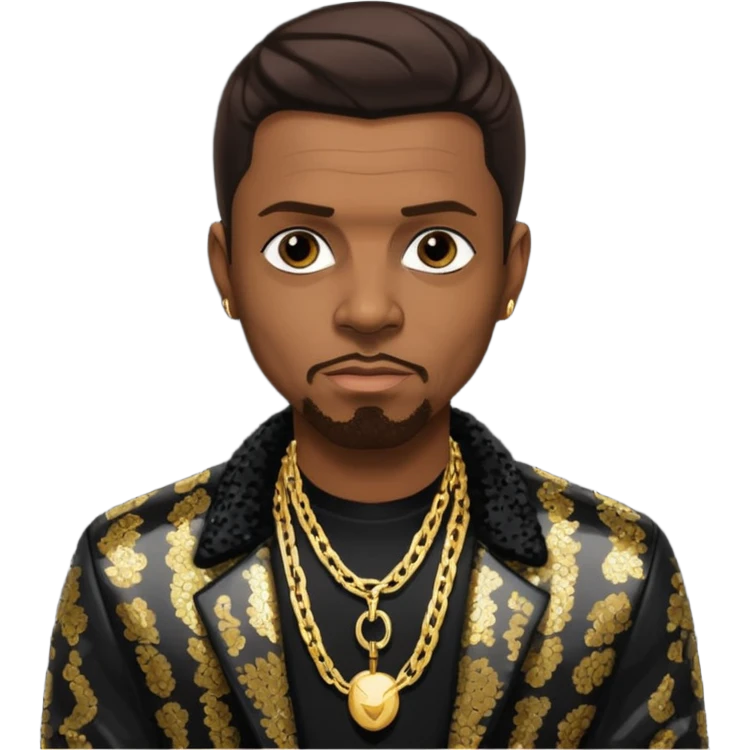 Keith Sweat (b.1961) with dark brown hair, black sequin jacket, black shirt with necklace emoji