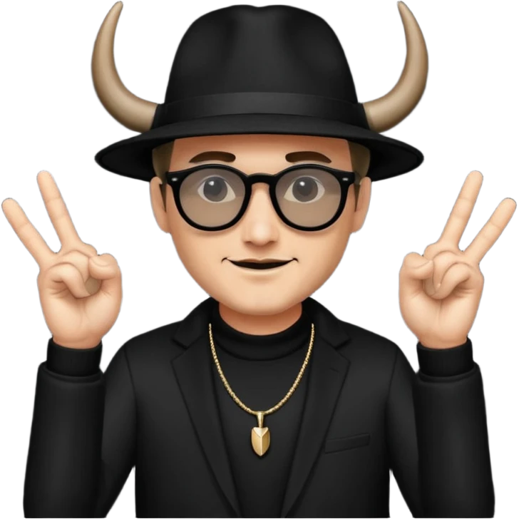 man dressed in black with dark glasses and a black hat making the horns gesture with both hands emoji