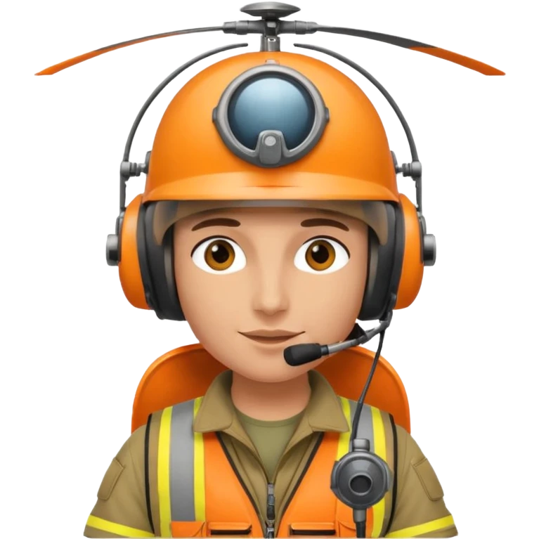 Helikopter-Flughelfer mit Oranger Weste und Helikopter Flug Helm auf dem Kopf inkl. am Helm integrierten Mikrofon vor dem Gesicht. emoji