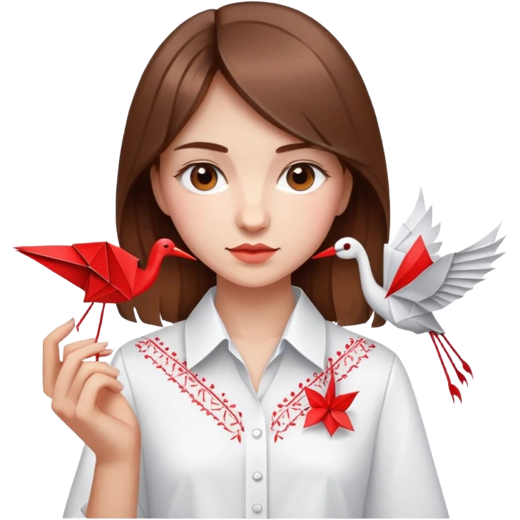 Ukrainian young girl with brown hair wearing a white embroidered shirt holds an origami red crane emoji