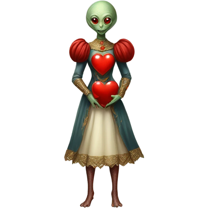 a Reptilian alien woman full body in Romanov dress, holding big red heart emoji
