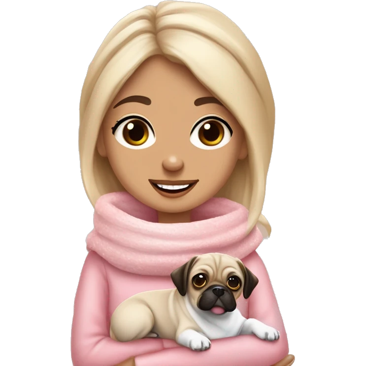 Recreate the first one Blonde girl with white scarf pink jumper cup of hot chocolate, marshmallows a flake and cream. With a jack russel mix pug brown dog emoji