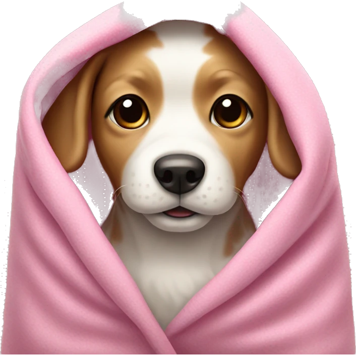 A small Brown white dog under a pink blanket emoji