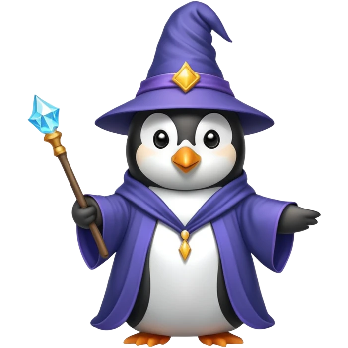 Penguin wearing wizard hat and robe holding a magic wand emoji