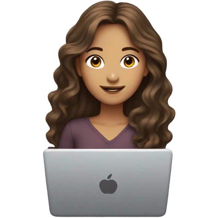 Beautiful girl,Brown hair,wavy hair，long hair,Brown eyes,White, typing on laptop  emoji