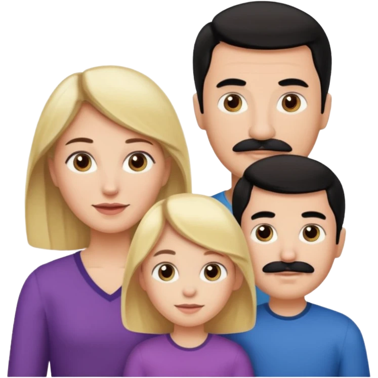 Mom with brown hair. Dad with black hair and mustache. 1 son with blonde hair. 1 son with blonde hair. 1 daughter with blonde hair. emoji