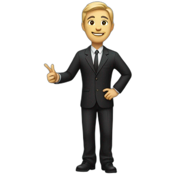 Full length teacher in black suit pointing finger up emoji