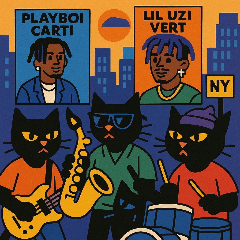 black cats as a funky music gang in New York with Playboi Carti and Lil Uzi Vert in the background emoji