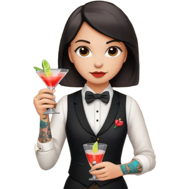 a bartender girl with bow tie and vest, having tattoo















 emoji
