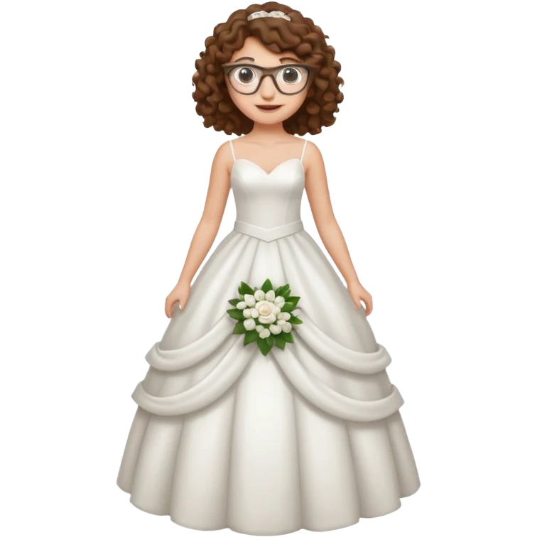Chica blanca, pelo rizado y castaño,gafas, vestido novia, cuerpo entero emoji
