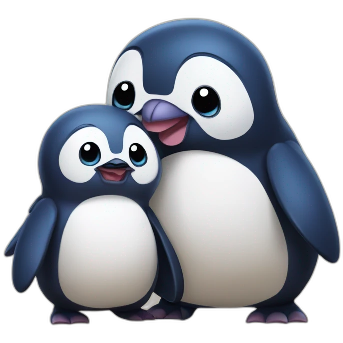 pareja de pingüinos disfrazados de stitch con una gatita emoji