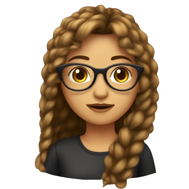 Una chica con cabello largo y cobrizo, con flequillo al costado. Con lentes y ojos marrones  emoji