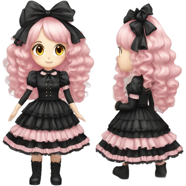 Vestido rosa pastel y negro gothic lolita, cuerpo completo, color de piel morena, pelo largo, pelo de color rojo y negro emoji