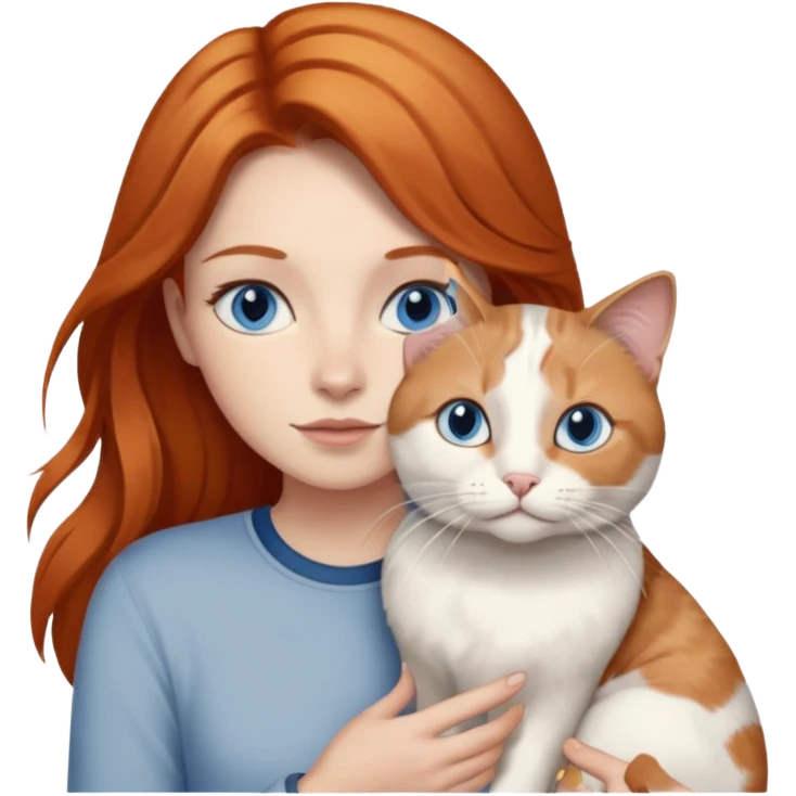 A ginger with blue eyes holding a very large dilute calico (grey, white, beige coloured) cat. emoji