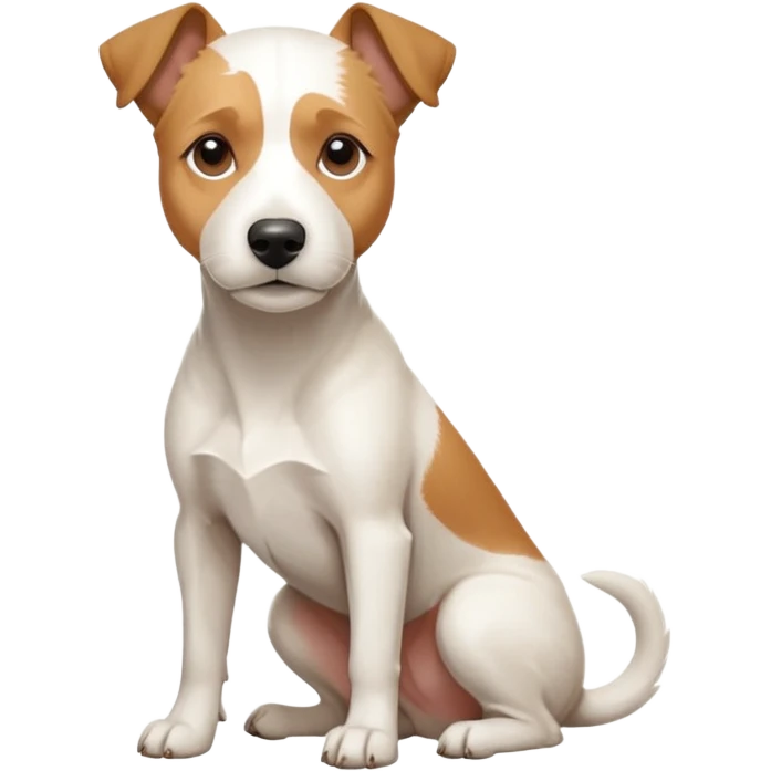 a full body facing front on of a buff white parson russell terrier looking dog the size of a kelpie with light brown long ears resting on its face and a light brown patch above one eye and a large snout. the rest of the dog is completely white.  emoji
