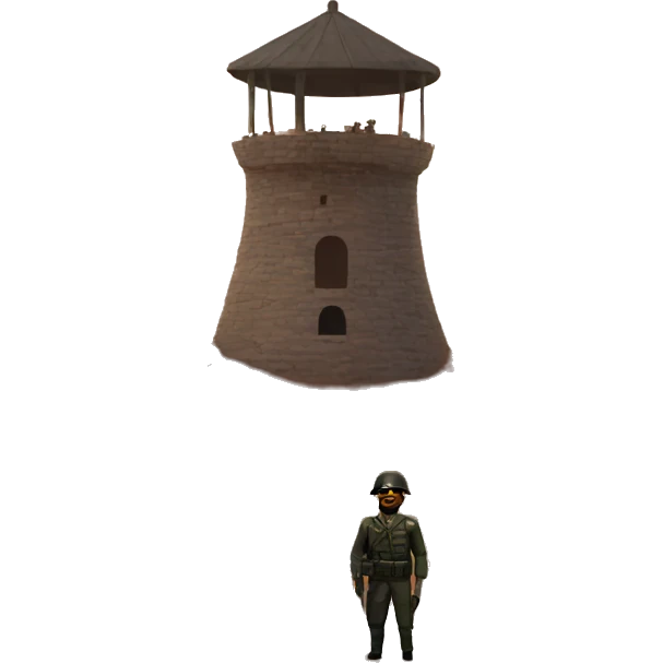 A watchtower at sunset, manned by a soldier  emoji