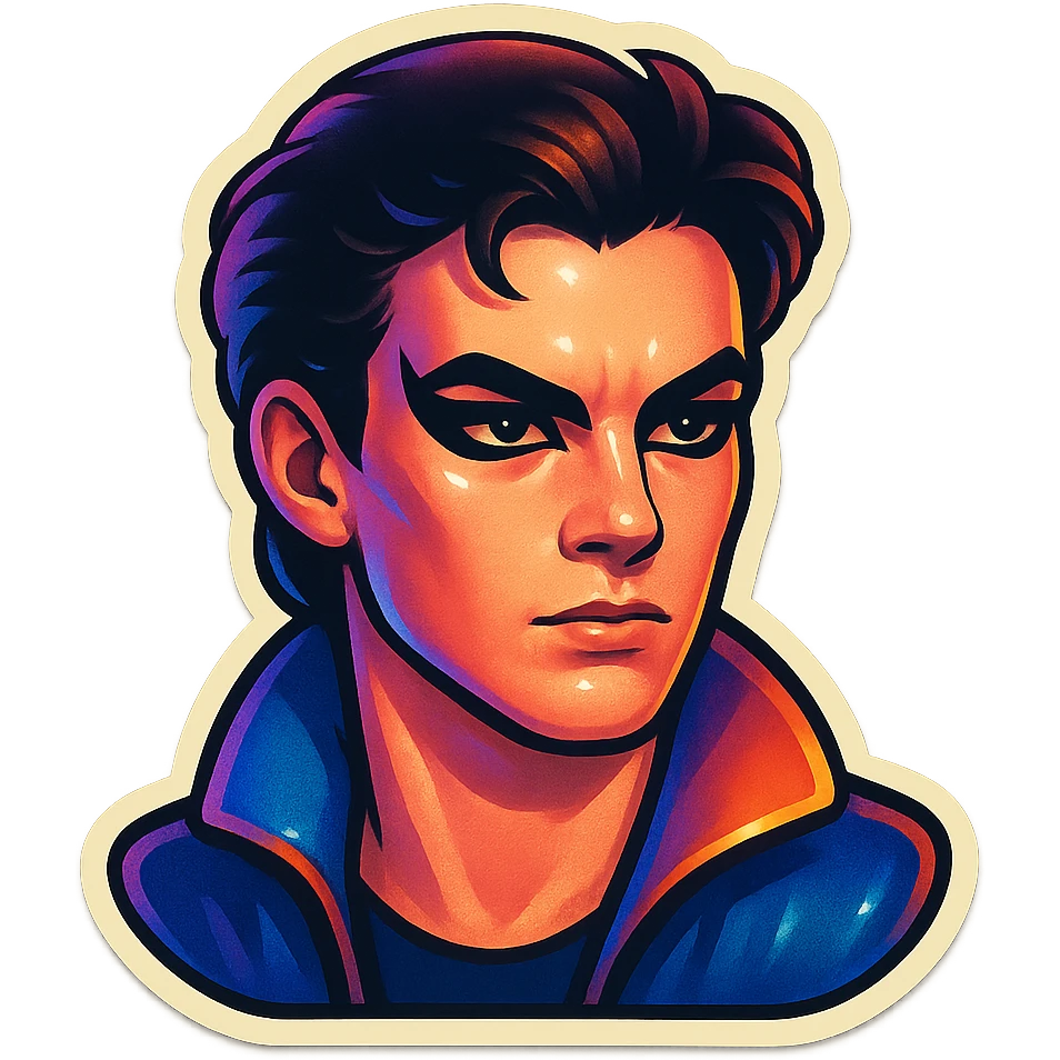 non-female character with sharper, black angular eye makeup, retro sticker style, subject inside image borders, high quality emoji