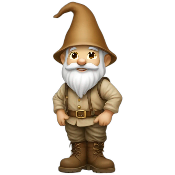 side view of gnome with light tan pants and boots squatting on top of small brown mud emoji