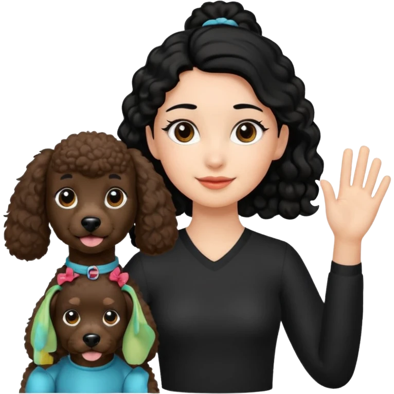 Ponytail black hair girl with brown Poodle say goodbye  emoji