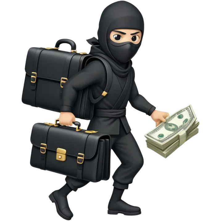 Masked ninja carrying a black briefcase overflowing with dollar bills emoji