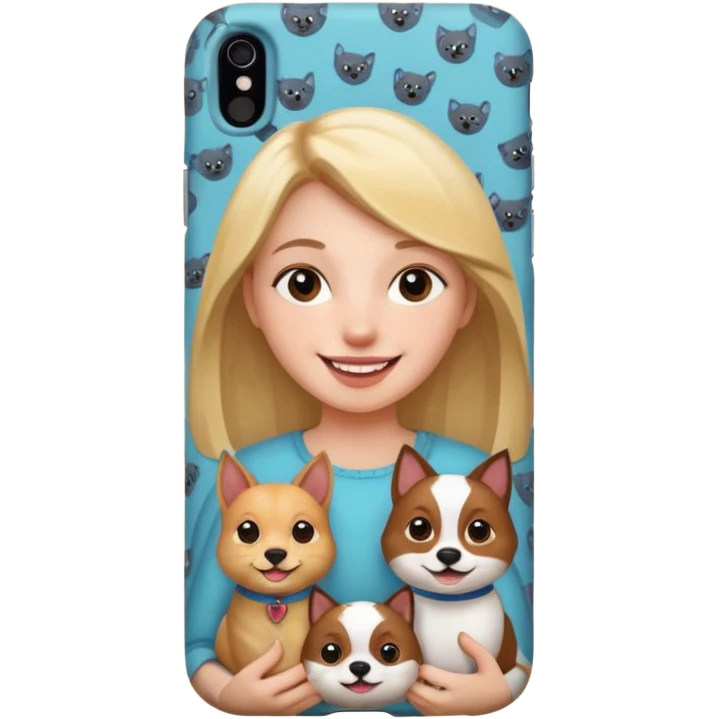 girl holding an iphone case with a pattern with pets faces  emoji