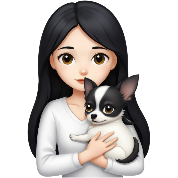 Fair-skinned girl - long black hair - white clothes - hugging a black chihuahua emoji