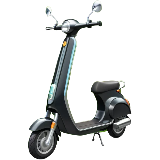 An icon featuring a sleek scooter parked on a smooth path in a park. The background showcases winding pathways, tall trees, and bright greenery with the sun shining through. The scooter stands ready for a ride, capturing the freedom and joy of scootering outdoors. Transparent background emoji