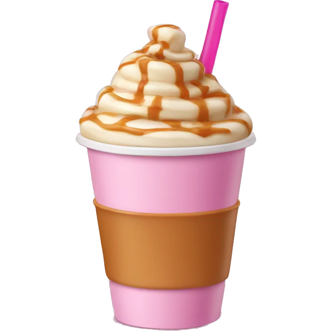 Cute vanilla coffee with caramel drizzle in a pink plastic cup with a straw  emoji